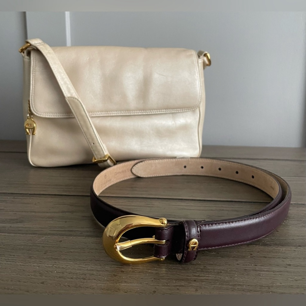 BUNDLE! EUC, Etienne Aigner Pearl Beige Leather Shoulder Bag & NWOT Leather Belt